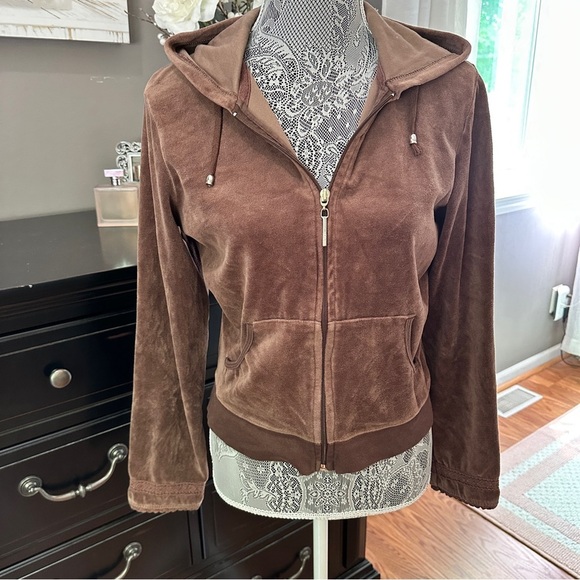 Retro Y2K Daisy Fuentes Brown Velour Zip Hoodie Lace Trim Size M - Picture 10 of 14